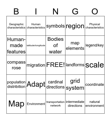 Geography Vocab Bingo Card