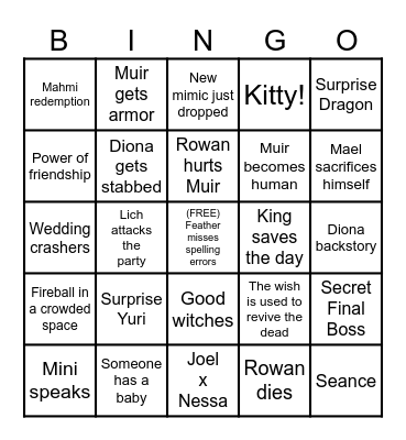 Mage and Mimic Final arc Bingo Card