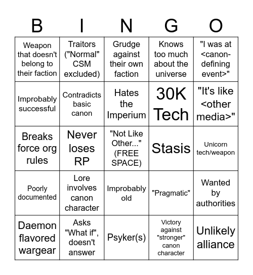 WARHAMMER 40K OC BINGO Card
