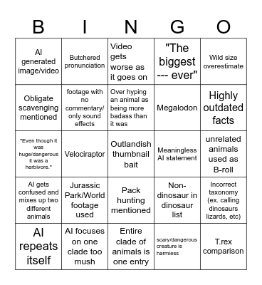 AI Dino Sludge Bingo Card