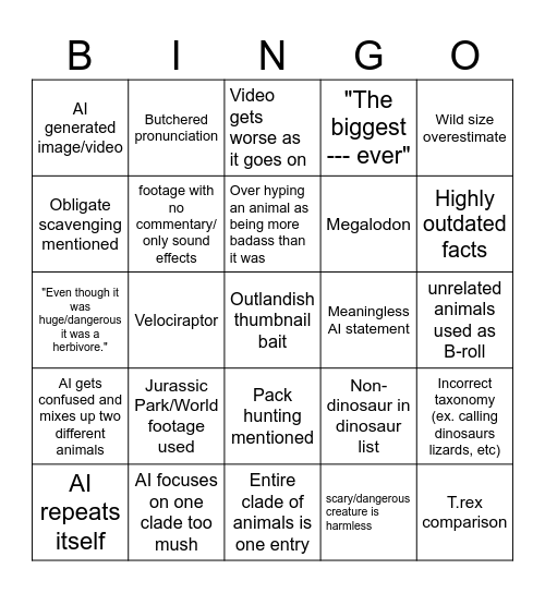AI Dino Sludge Bingo Card