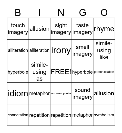 Poetry Terms Bingo Card