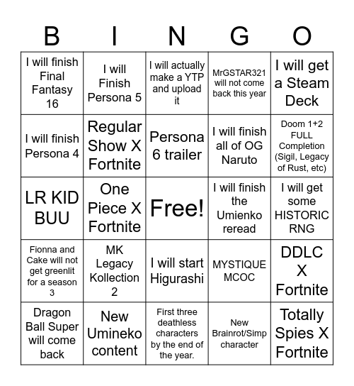 2026 Predictions Bingo Card