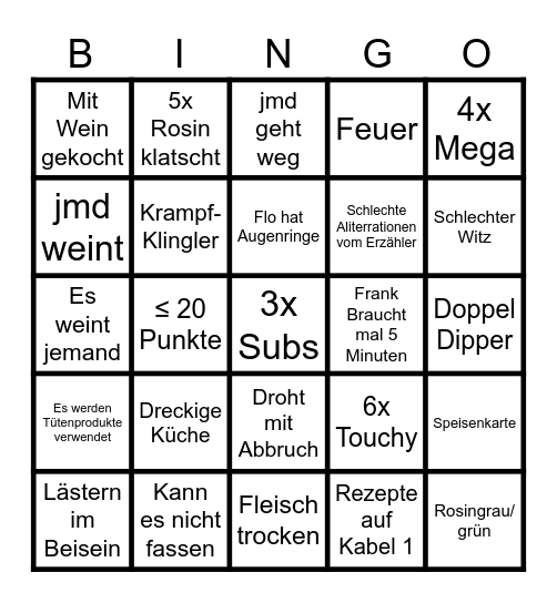 Rosins Restaurant Bingo Card