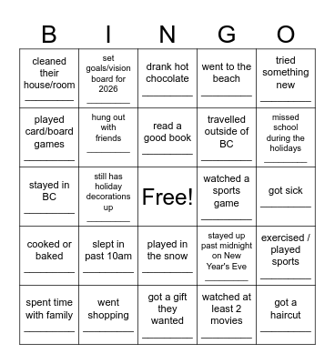 WINTER BREAK Bingo Card