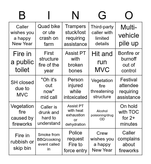Fire New Years Bingo Card