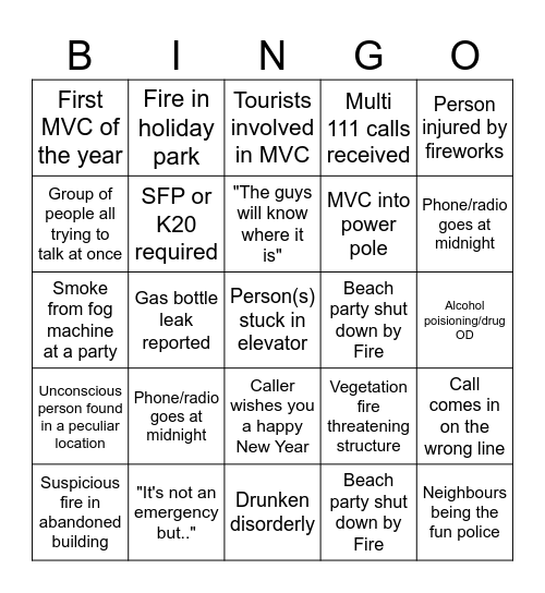 Fire New Years Bingo Card