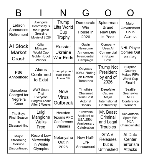2026 Bingo Card Bingo Card