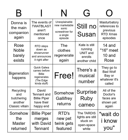 Doctor Who Xmas 2026 Bingo Card