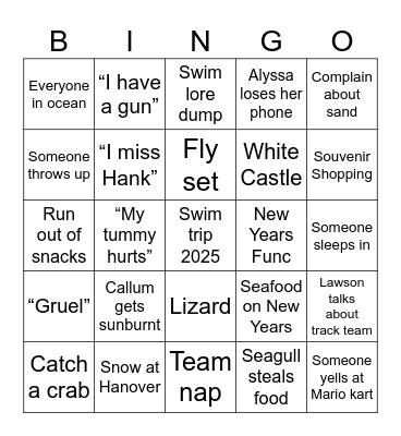 Swim Trip Bingo Card
