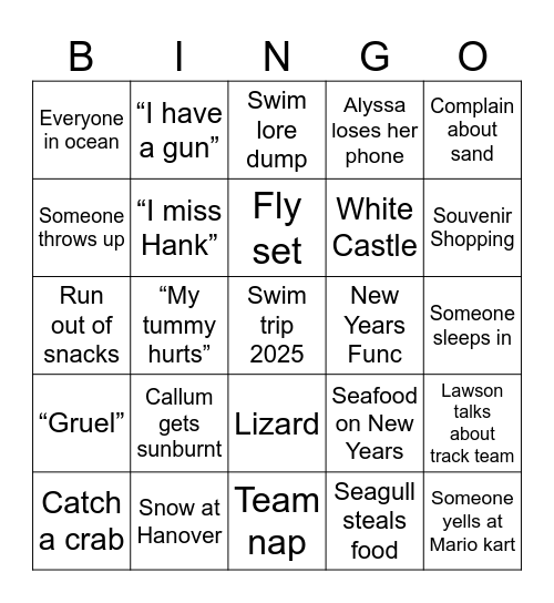 Swim Trip Bingo Card