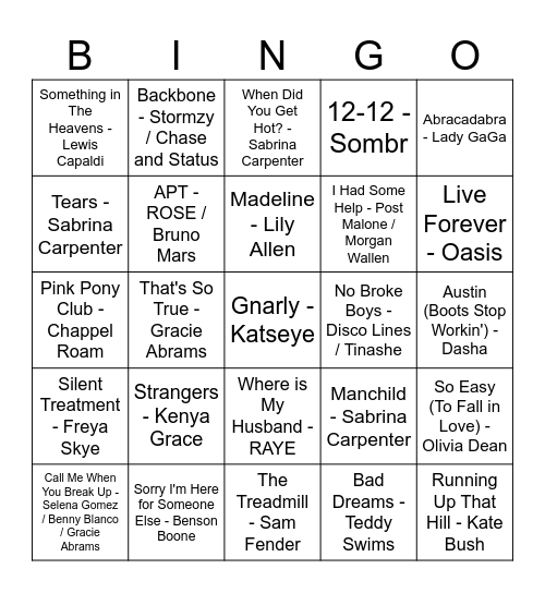 2025 Musical Bingo Card