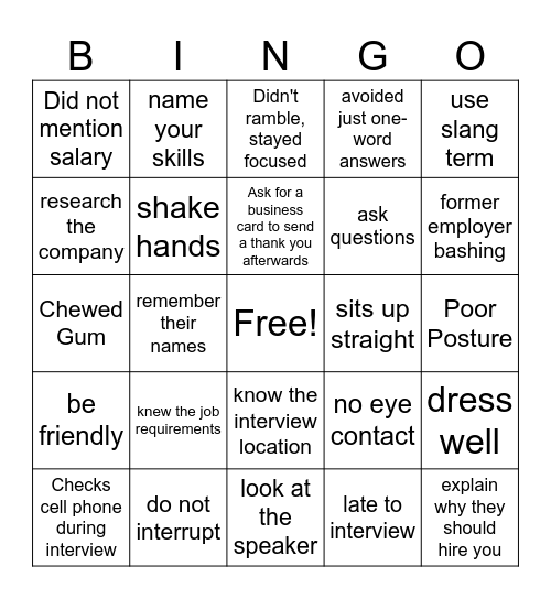 Job Interview Do and Don'ts's Bingo Card