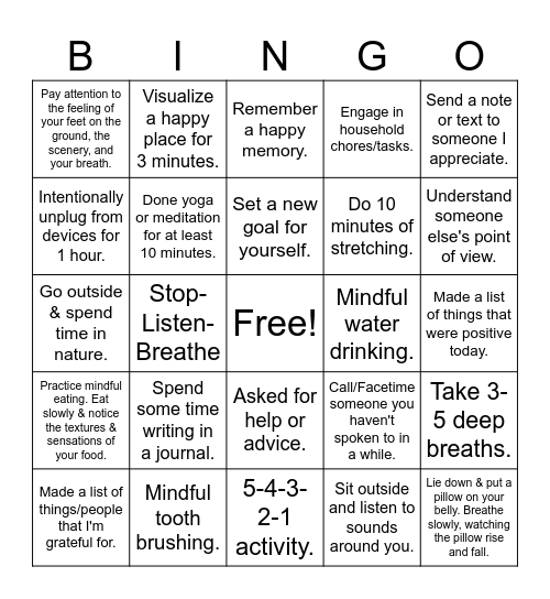 Mindful Bingo Card