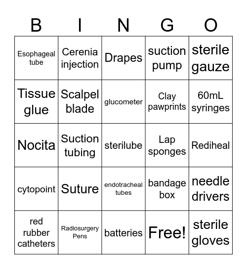 Vet Supply Bingo Card