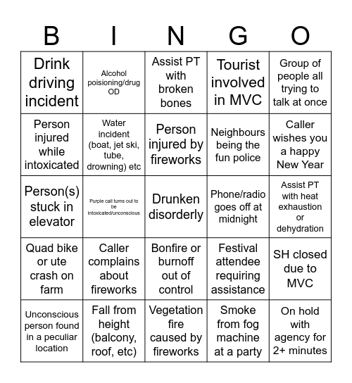 Fire New Years Bingo Card