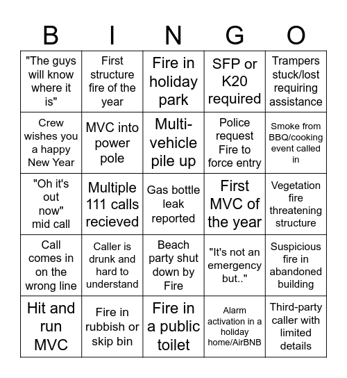 Fire New Years Bingo Card