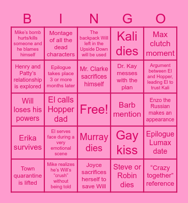 Stranger Things Finale 1 Bingo Card