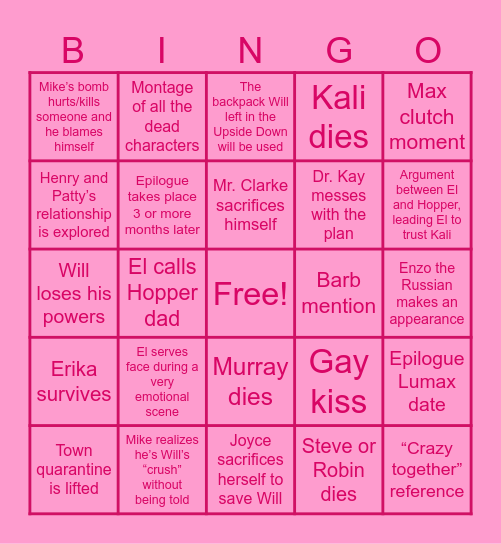 Stranger Things Finale 1 Bingo Card