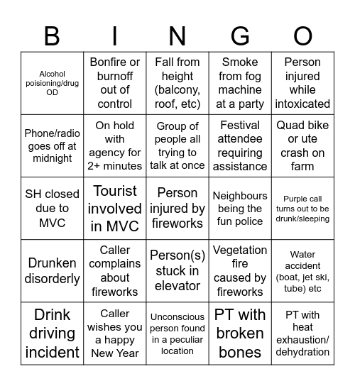 Fire New Years Bingo Card
