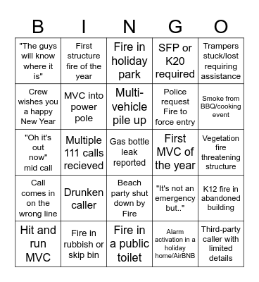 Fire New Years Bingo Card