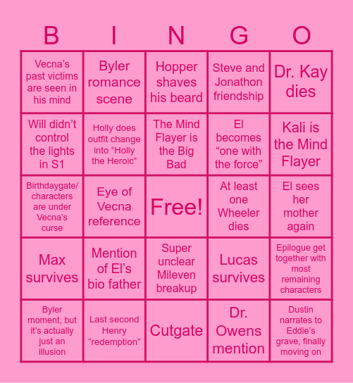 Stranger Things Finale 3 Bingo Card