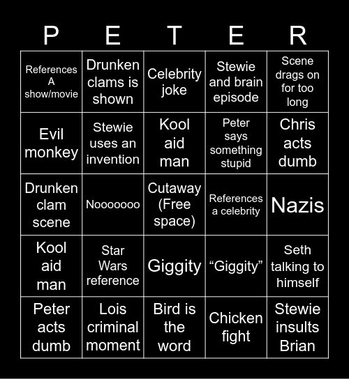 Family guy Bingo Card