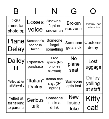 Rome Tour 2025 Bingo Card