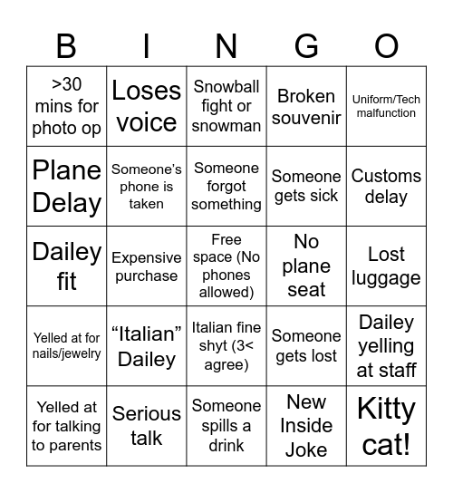 Rome Tour 2025 Bingo Card
