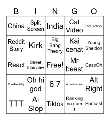 YT shorts bingo Card