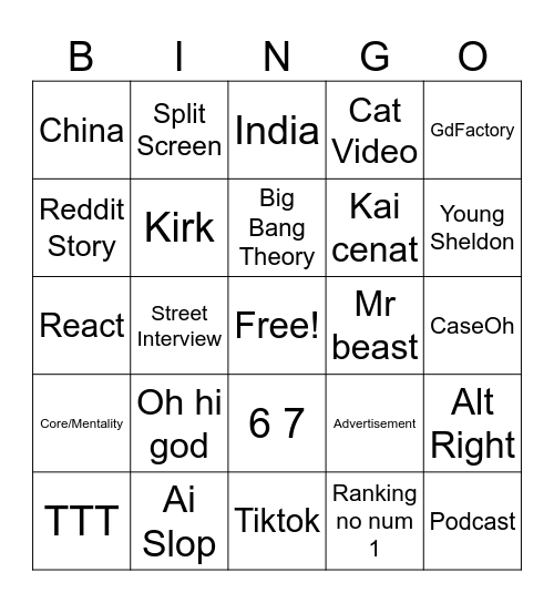 YT shorts bingo Card