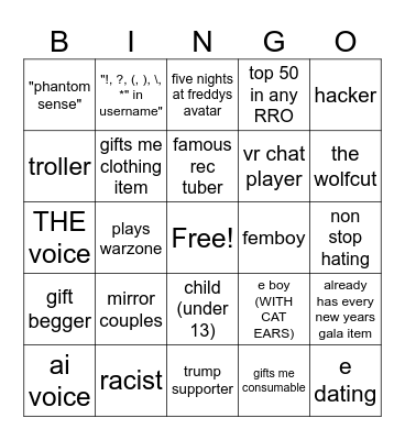 rec room bingo Card