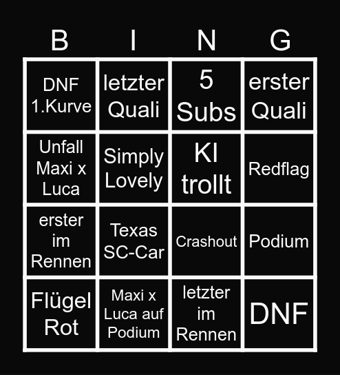 F1 Bingo Card