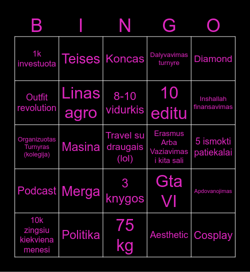 2026 Bingo goal Bingo Card