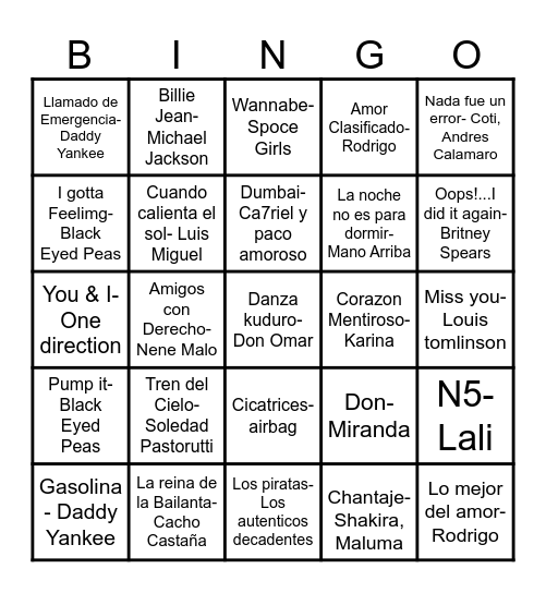 Canciones Bingo Card