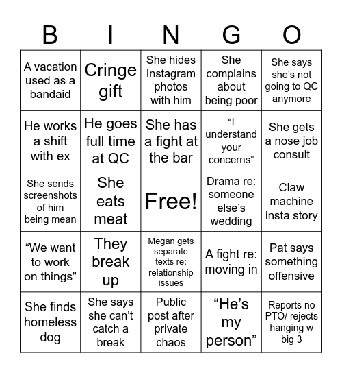 P and T Bingo Card