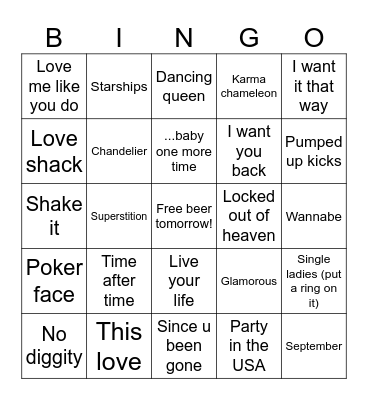 Pop Bingo Card