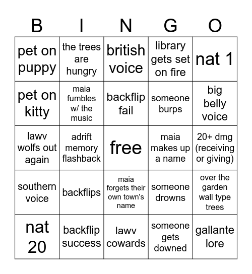 session 3.5 dnd Bingo Card