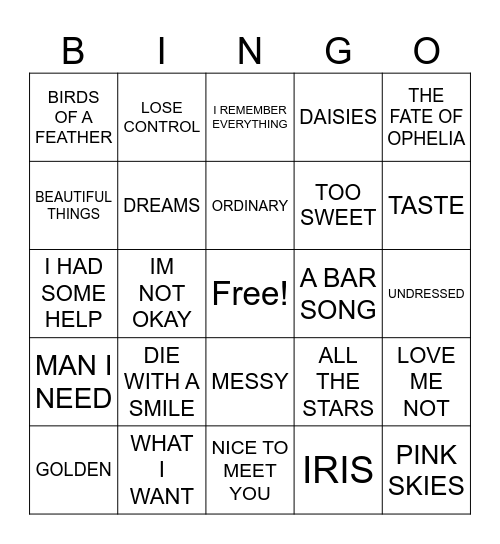 HITS OF 2025 Bingo Card