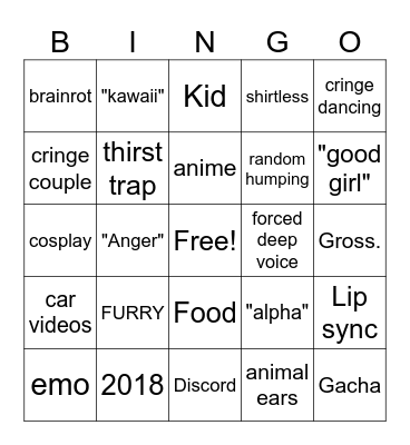 cringe video Bingo Card