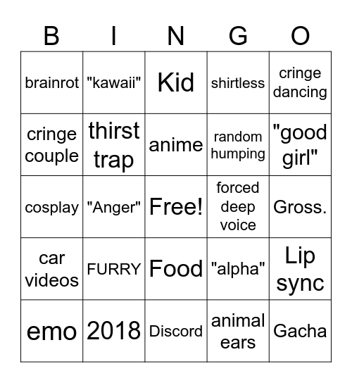 cringe video Bingo Card