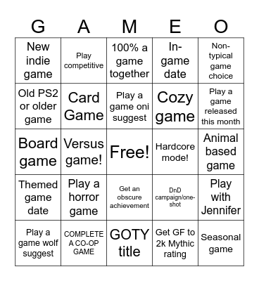 Girlfriend Boyfriend Game-o Bingo Card