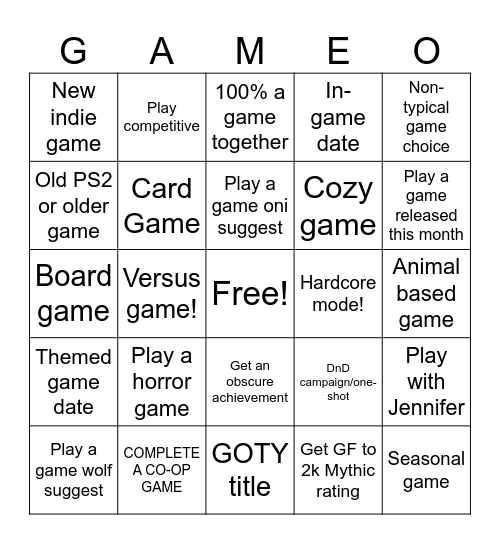 Girlfriend Boyfriend Game-o Bingo Card