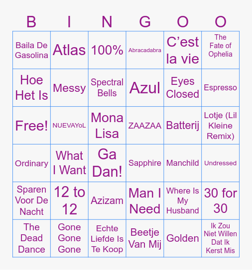 NYE Muziek Bingo Card