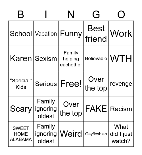 Reddit story bingo Card