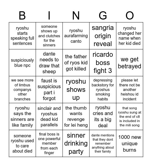 canto 9/season 7 Bingo Card