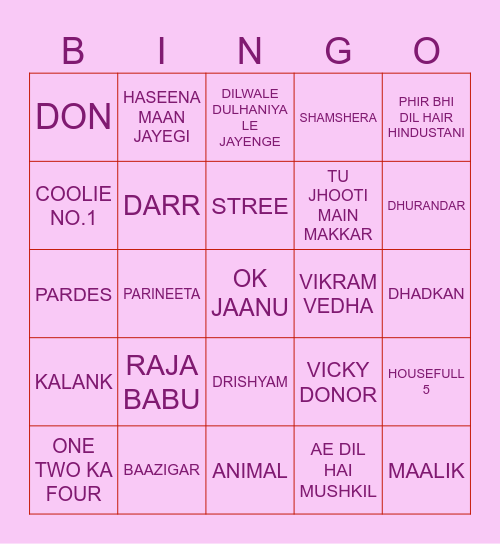 BOLLYWOOD BINGO Card