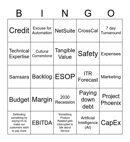 Sales Camp Bingo Card