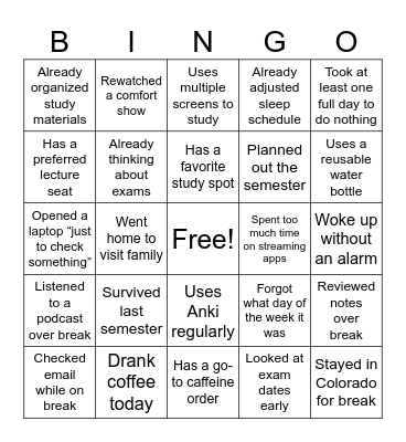 WELCOME BACK Bingo Card