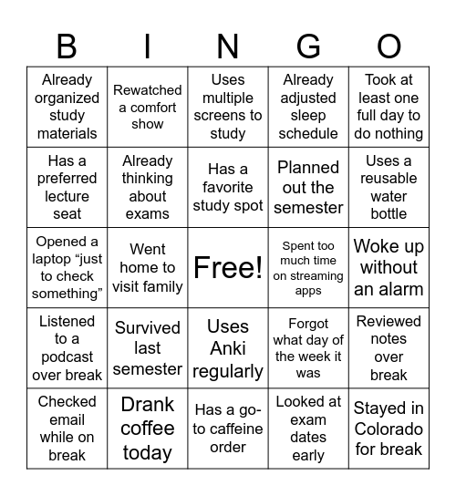 WELCOME BACK Bingo Card